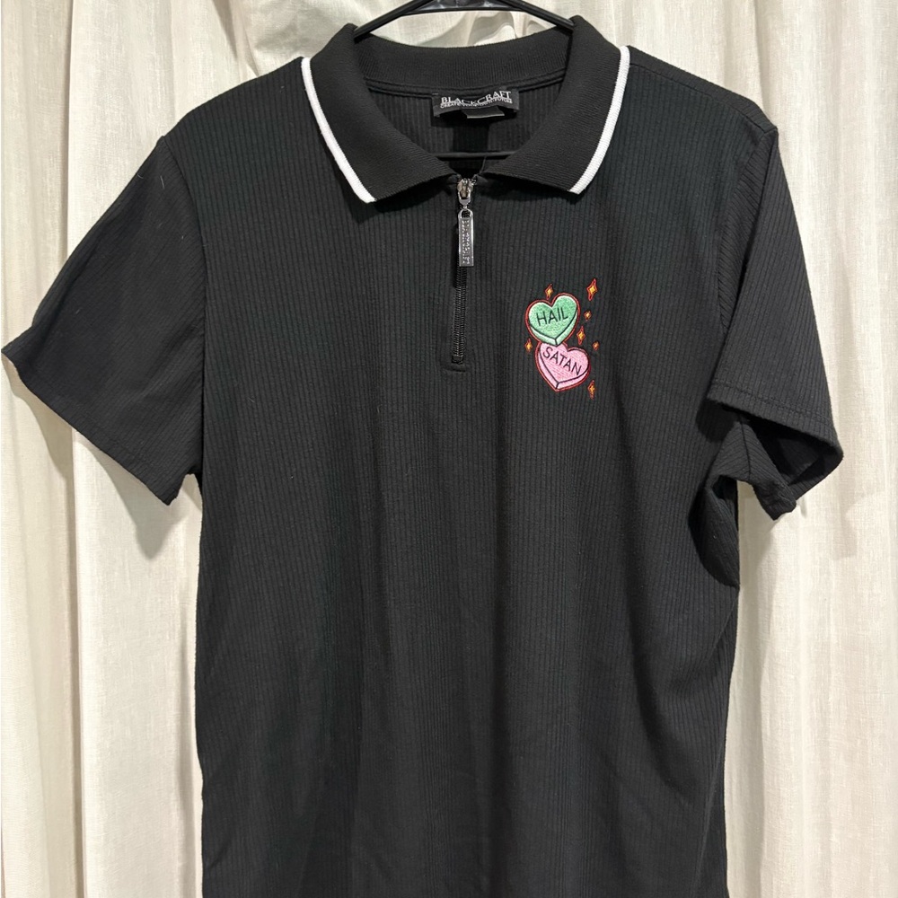 BlackCraft Cult Black Polo Shirt with Hail Satan Conversation Hearts embroidery